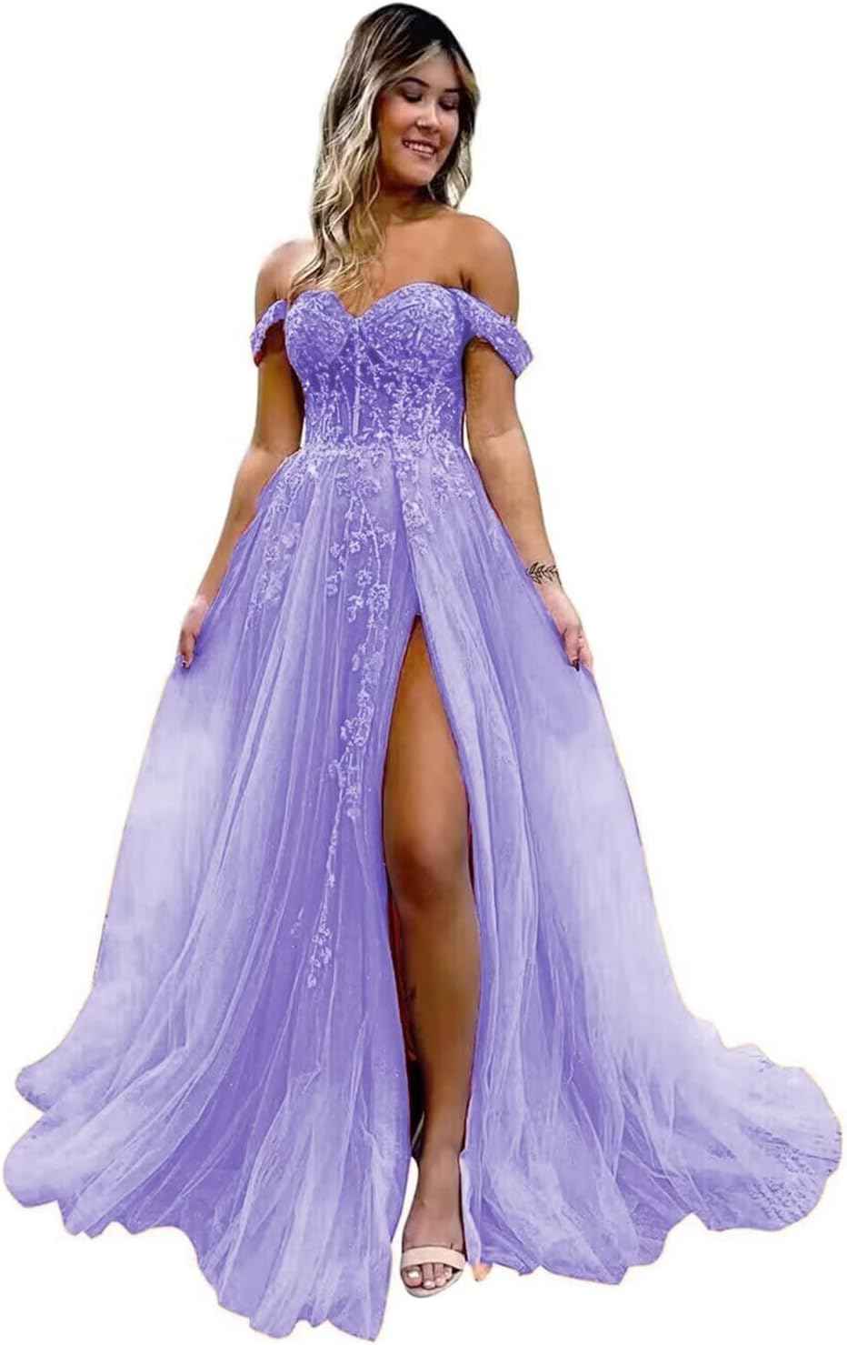 Off The Shoulder Tulle Prom Dresses with Slit Laces Applique Sweetheart Long Formal Evening Party Gowns - Bmbride