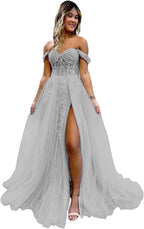 Off The Shoulder Tulle Prom Dresses with Slit Laces Applique Sweetheart Long Formal Evening Party Gowns - Bmbride