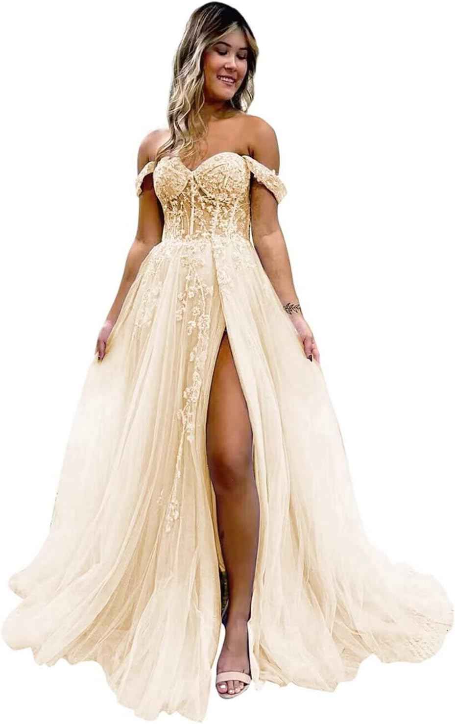 Off The Shoulder Tulle Prom Dresses with Slit Laces Applique Sweetheart Long Formal Evening Party Gowns - Bmbride