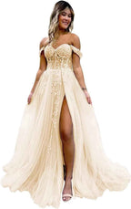Off The Shoulder Tulle Prom Dresses with Slit Laces Applique Sweetheart Long Formal Evening Party Gowns - Bmbride