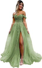 Off The Shoulder Tulle Prom Dresses with Slit Laces Applique Sweetheart Long Formal Evening Party Gowns - Bmbride