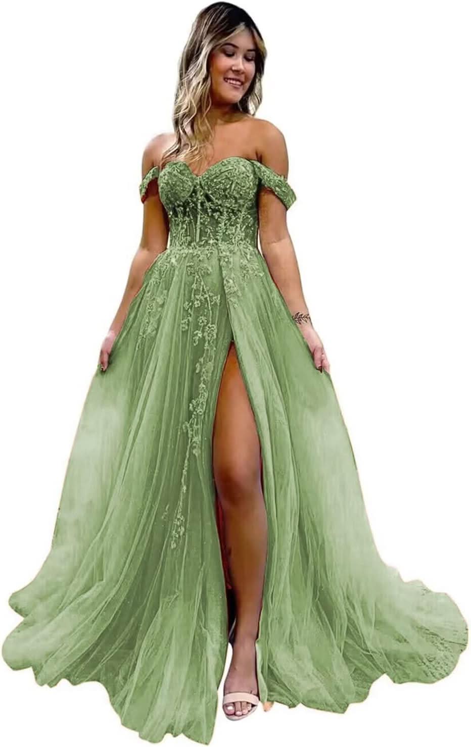 Off The Shoulder Tulle Prom Dresses with Slit Laces Applique Sweetheart Long Formal Evening Party Gowns - Bmbride