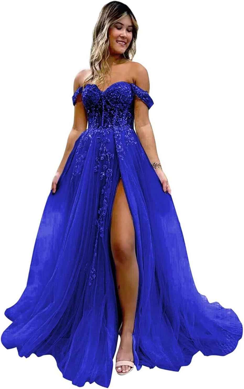 Off The Shoulder Tulle Prom Dresses with Slit Laces Applique Sweetheart Long Formal Evening Party Gowns - Bmbride