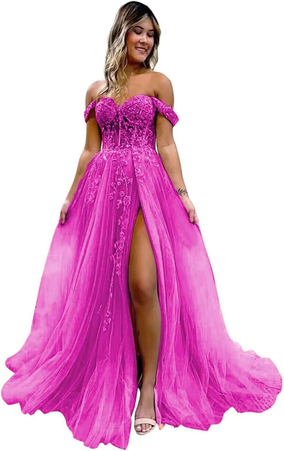 Off The Shoulder Tulle Prom Dresses with Slit Laces Applique Sweetheart Long Formal Evening Party Gowns - Bmbride