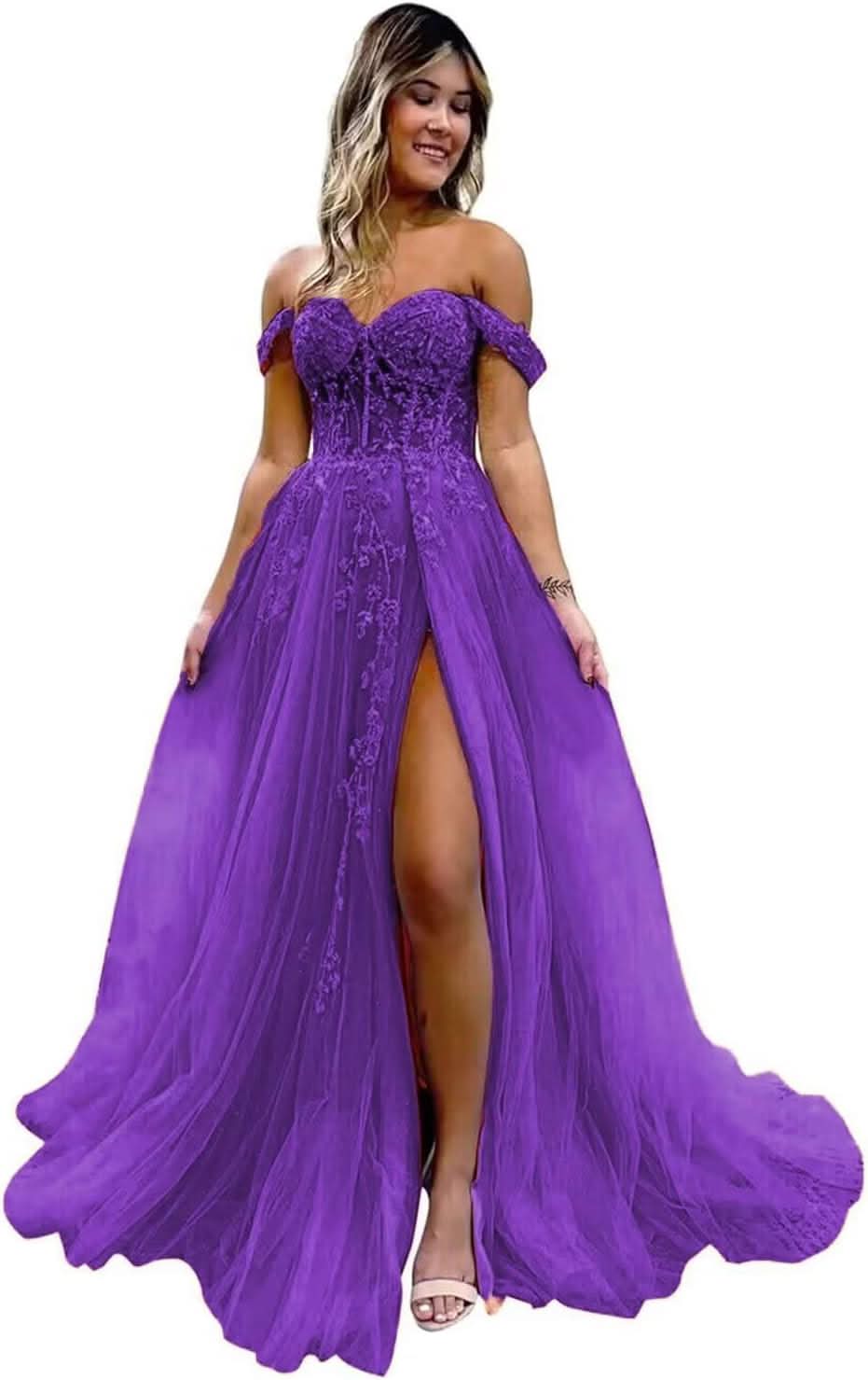Off The Shoulder Tulle Prom Dresses with Slit Laces Applique Sweetheart Long Formal Evening Party Gowns - Bmbride