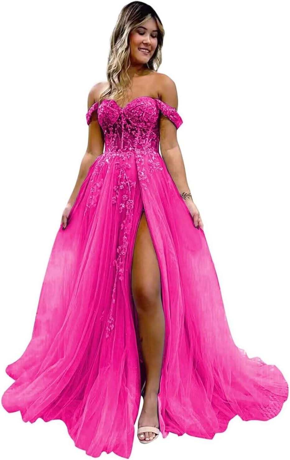 Off The Shoulder Tulle Prom Dresses with Slit Laces Applique Sweetheart Long Formal Evening Party Gowns - Bmbride