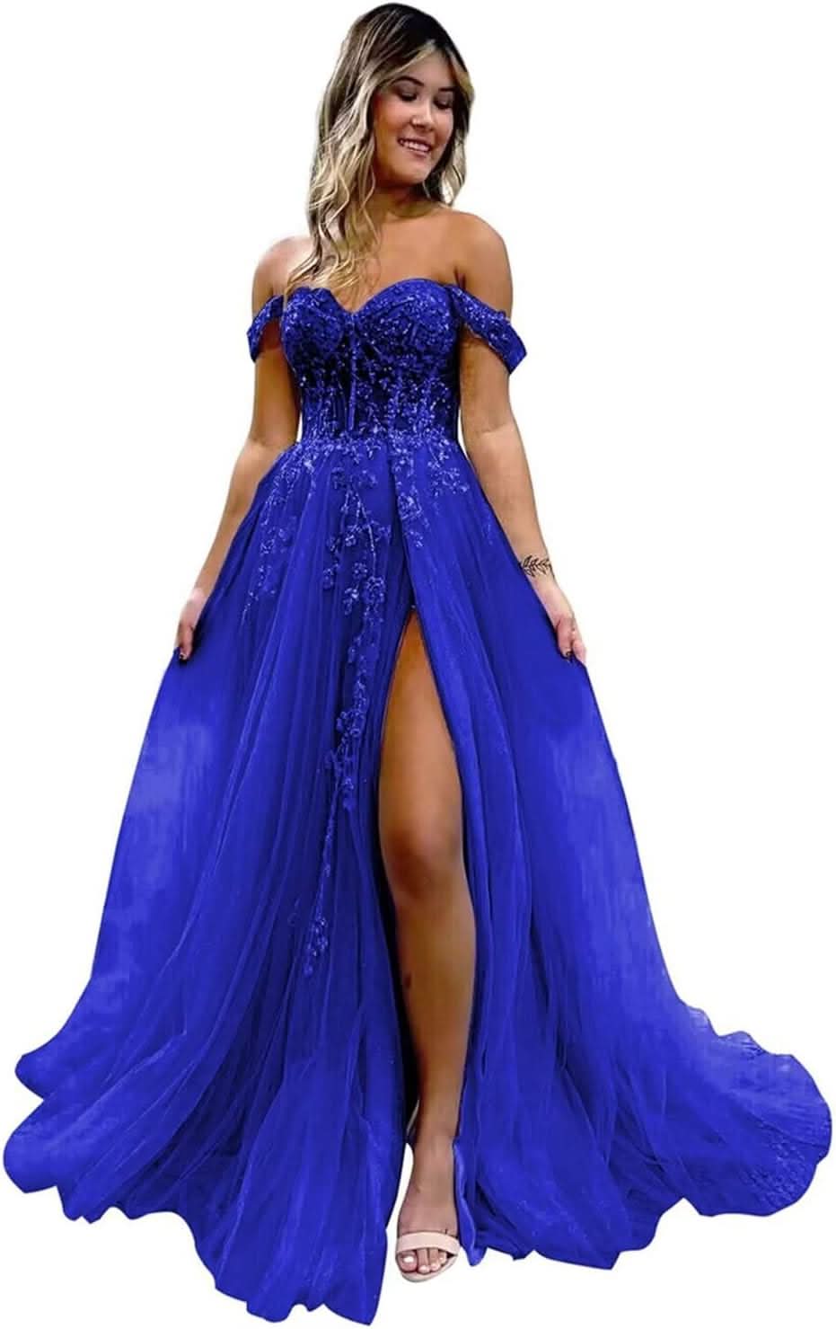 Off The Shoulder Tulle Prom Dresses with Slit Laces Applique Sweetheart Long Formal Evening Party Gowns - Bmbride