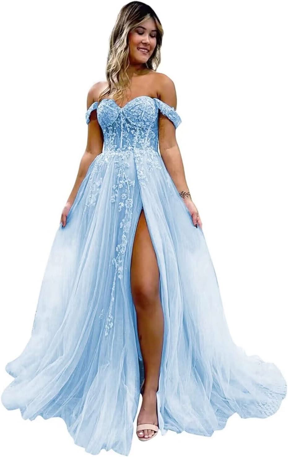 Off The Shoulder Tulle Prom Dresses with Slit Laces Applique Sweetheart Long Formal Evening Party Gowns - Bmbride