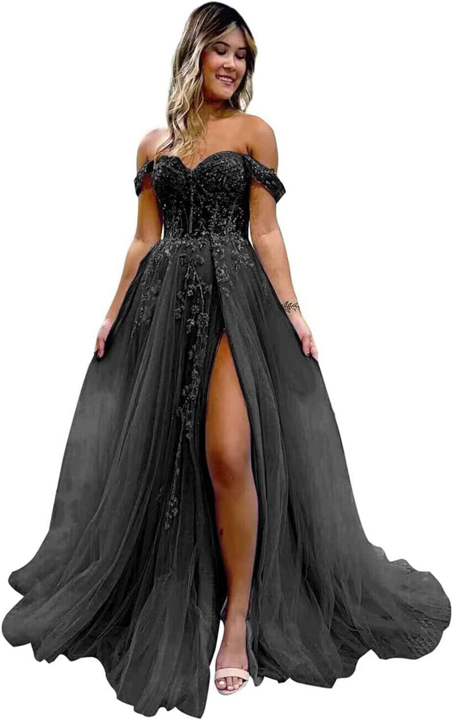 Off The Shoulder Tulle Prom Dresses with Slit Laces Applique Sweetheart Long Formal Evening Party Gowns - Bmbride