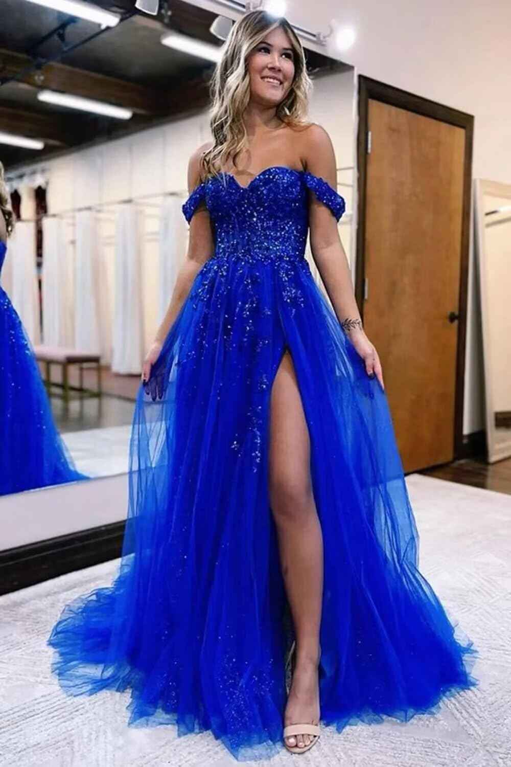 Off The Shoulder Tulle Prom Dresses with Slit Laces Applique Sweetheart Long Formal Evening Party Gowns - Bmbride