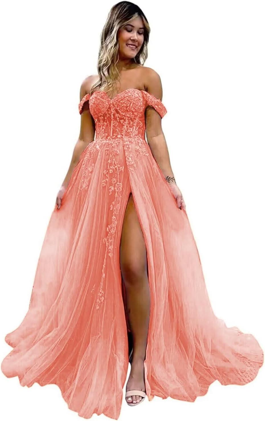 Off The Shoulder Tulle Prom Dresses with Slit Laces Applique Sweetheart Long Formal Evening Party Gowns - Bmbride