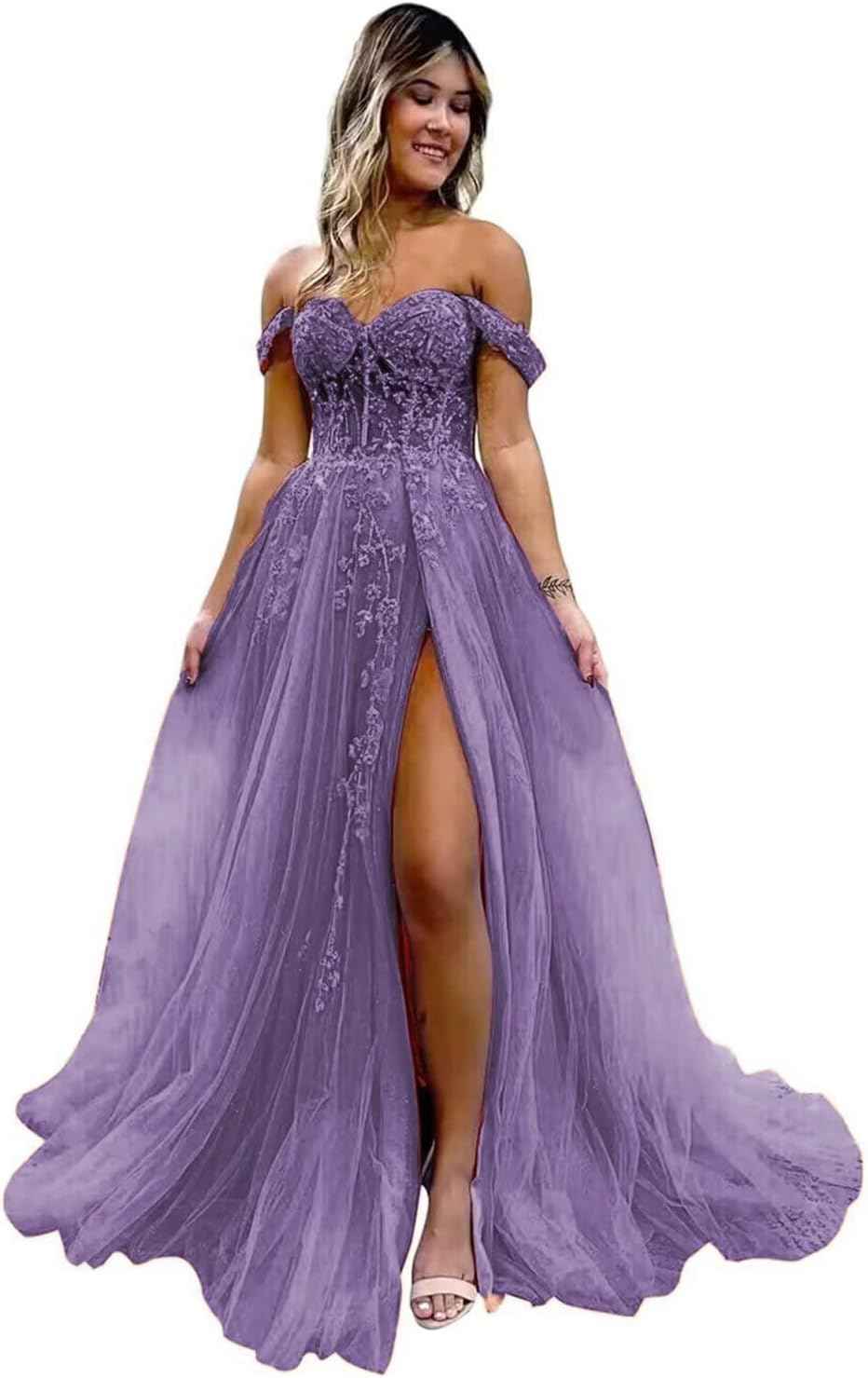 Off The Shoulder Tulle Prom Dresses with Slit Laces Applique Sweetheart Long Formal Evening Party Gowns - Bmbride