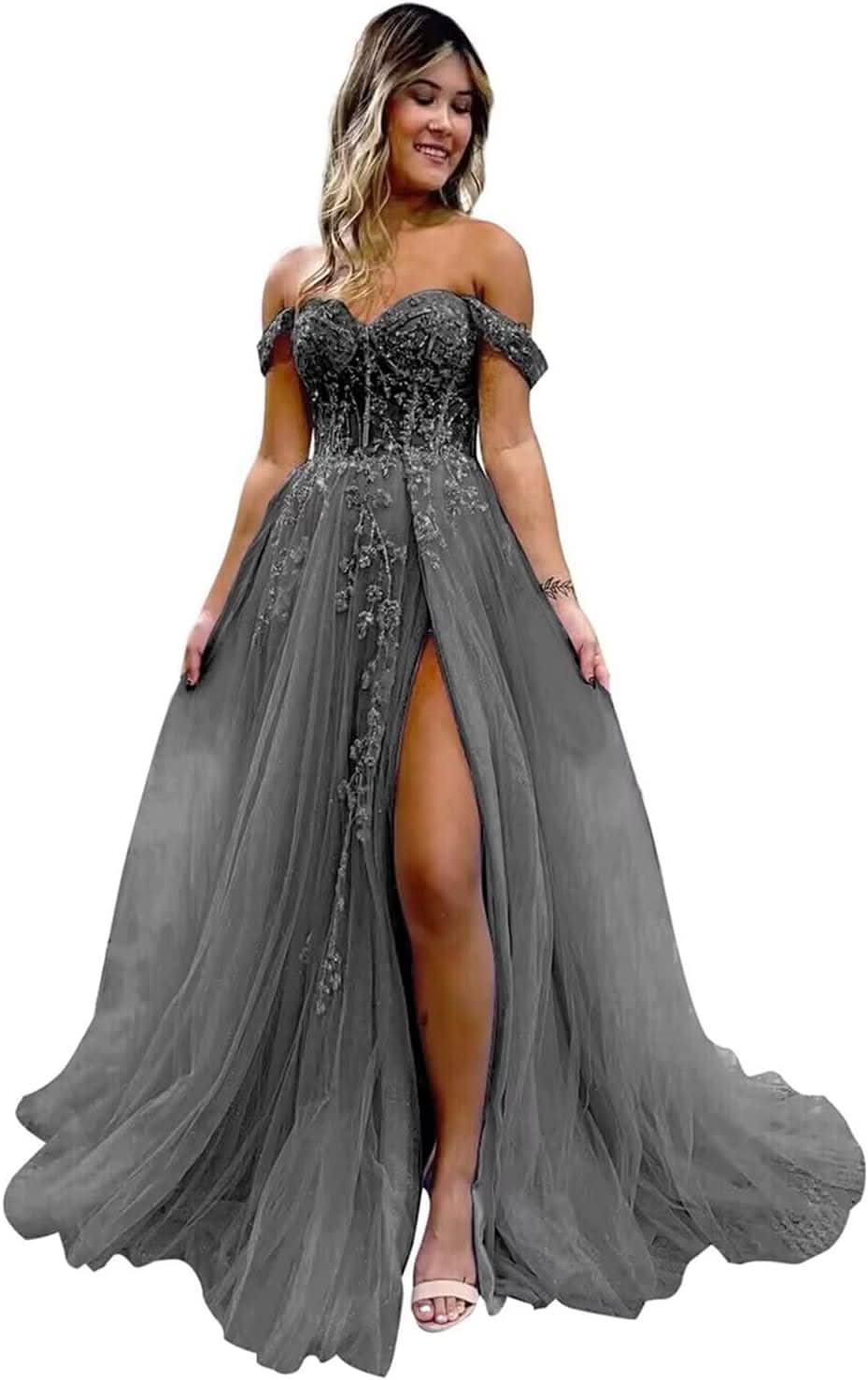 Off The Shoulder Tulle Prom Dresses with Slit Laces Applique Sweetheart Long Formal Evening Party Gowns - Bmbride
