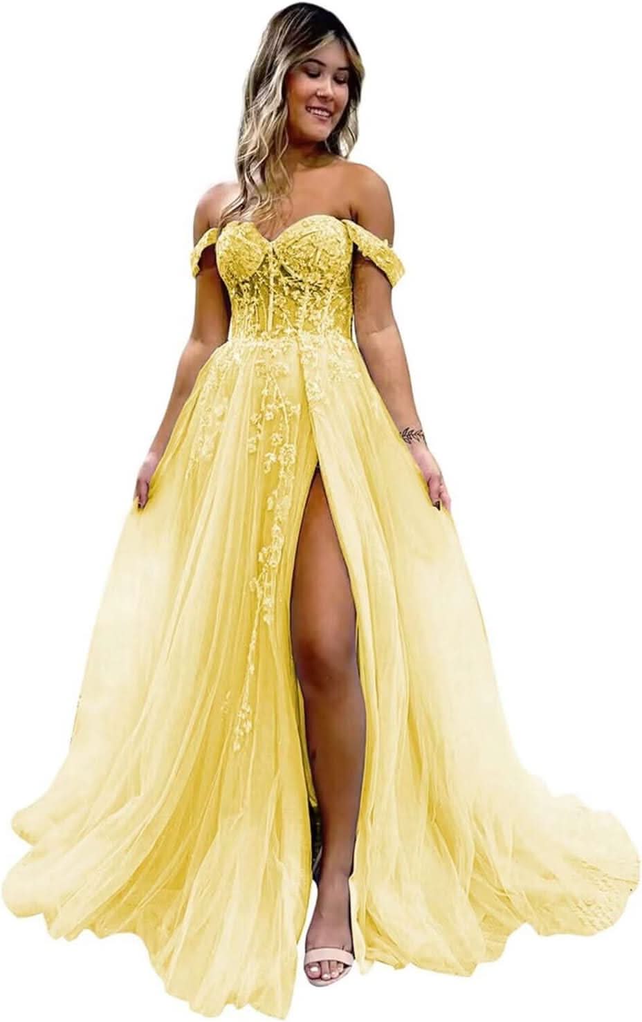 Off The Shoulder Tulle Prom Dresses with Slit Laces Applique Sweetheart Long Formal Evening Party Gowns - Bmbride