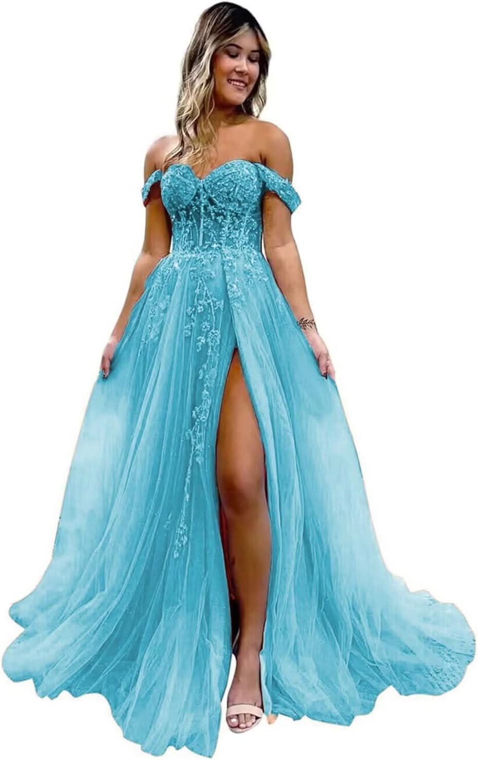 Off The Shoulder Tulle Prom Dresses with Slit Laces Applique Sweetheart Long Formal Evening Party Gowns - Bmbride