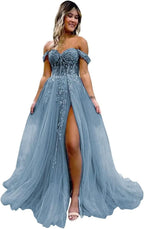 Off The Shoulder Tulle Prom Dresses with Slit Laces Applique Sweetheart Long Formal Evening Party Gowns - Bmbride