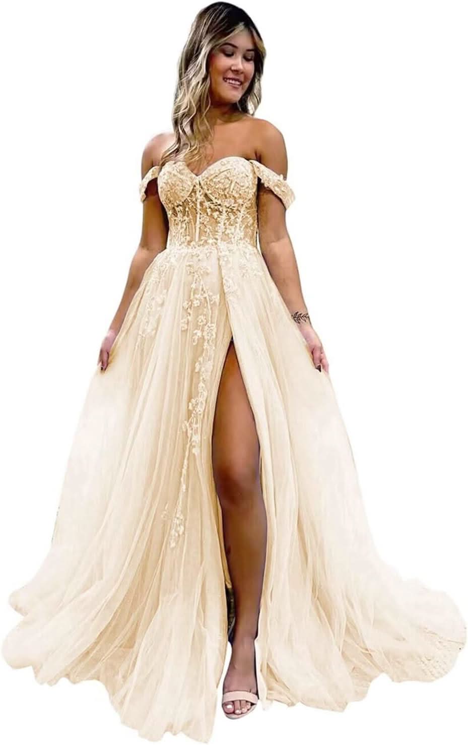 Off The Shoulder Tulle Prom Dresses with Slit Laces Applique Sweetheart Long Formal Evening Party Gowns - Bmbride