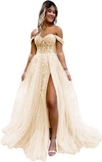 Off The Shoulder Tulle Prom Dresses with Slit Laces Applique Sweetheart Long Formal Evening Party Gowns - Bmbride