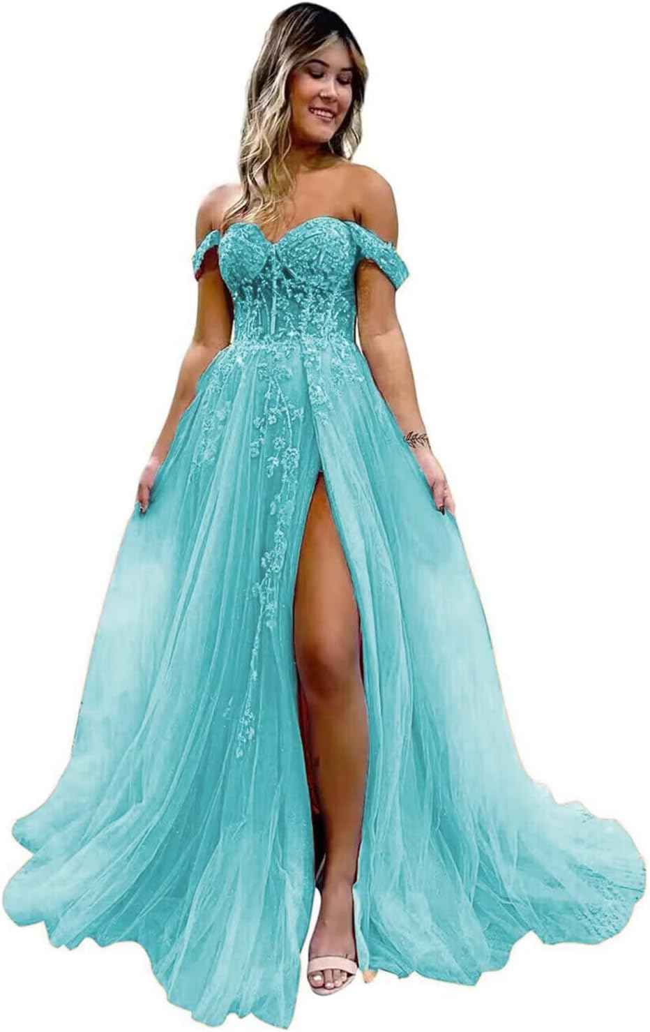 Off The Shoulder Tulle Prom Dresses with Slit Laces Applique Sweetheart Long Formal Evening Party Gowns - Bmbride