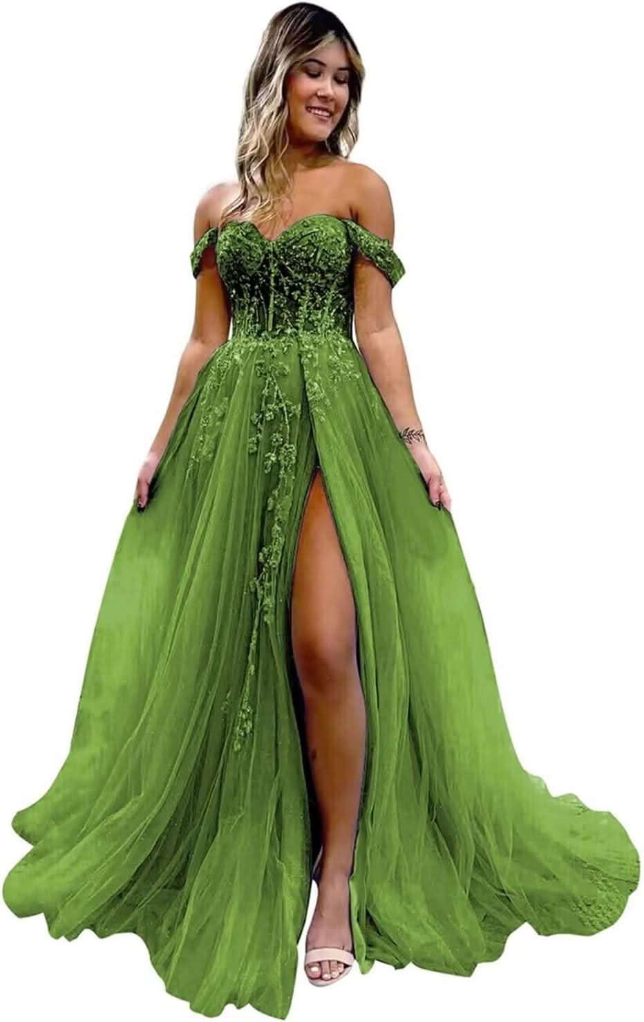 Off The Shoulder Tulle Prom Dresses with Slit Laces Applique Sweetheart Long Formal Evening Party Gowns - Bmbride