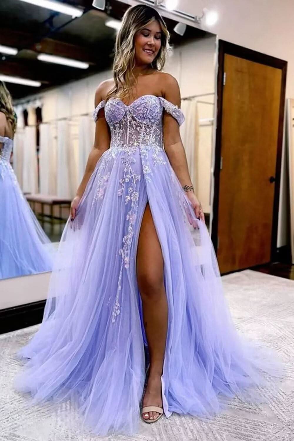 Off The Shoulder Tulle Prom Dresses with Slit Laces Applique Sweetheart Long Formal Evening Party Gowns - Bmbride