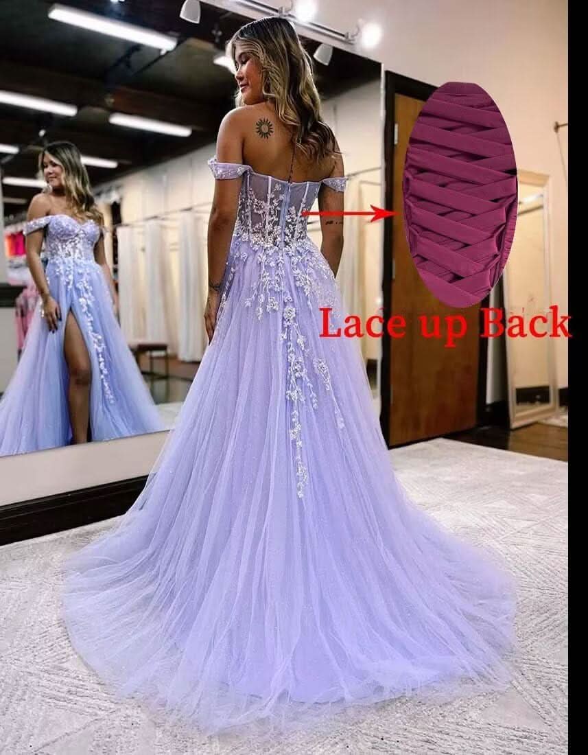 Off The Shoulder Tulle Prom Dresses with Slit Laces Applique Sweetheart Long Formal Evening Party Gowns - Bmbride