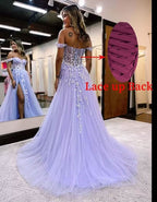 Off The Shoulder Tulle Prom Dresses with Slit Laces Applique Sweetheart Long Formal Evening Party Gowns - Bmbride