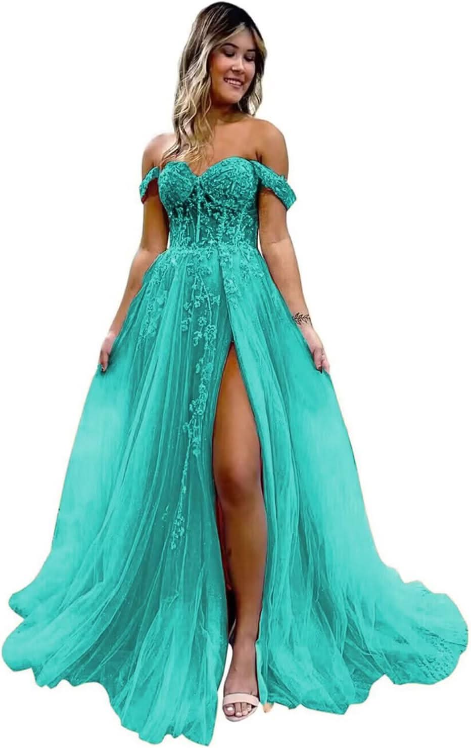 Off The Shoulder Tulle Prom Dresses with Slit Laces Applique Sweetheart Long Formal Evening Party Gowns - Bmbride