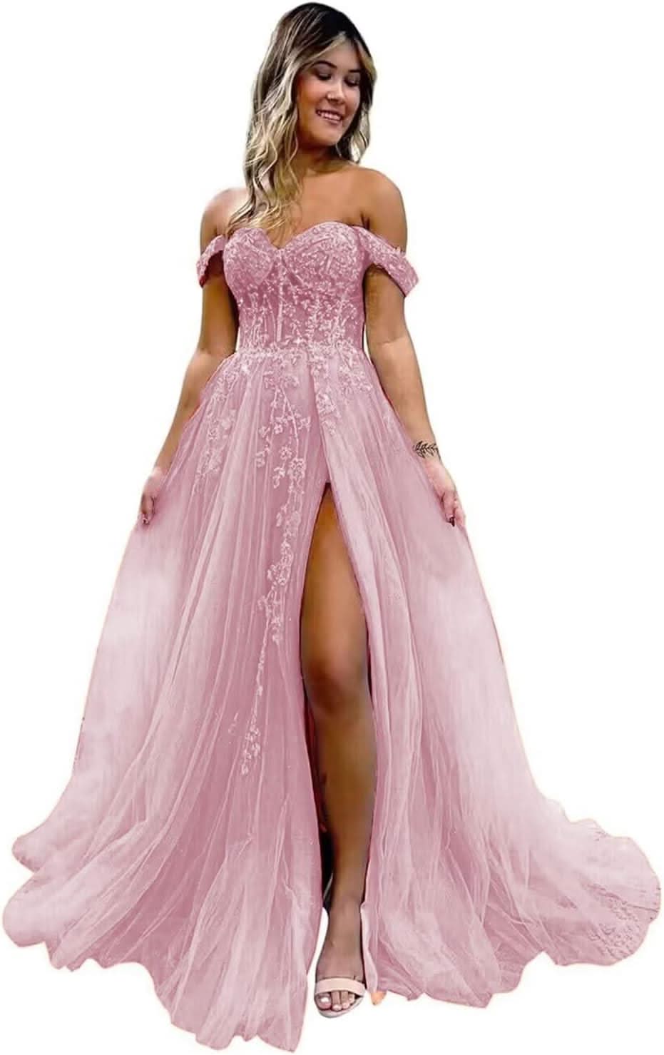 Off The Shoulder Tulle Prom Dresses with Slit Laces Applique Sweetheart Long Formal Evening Party Gowns - Bmbride