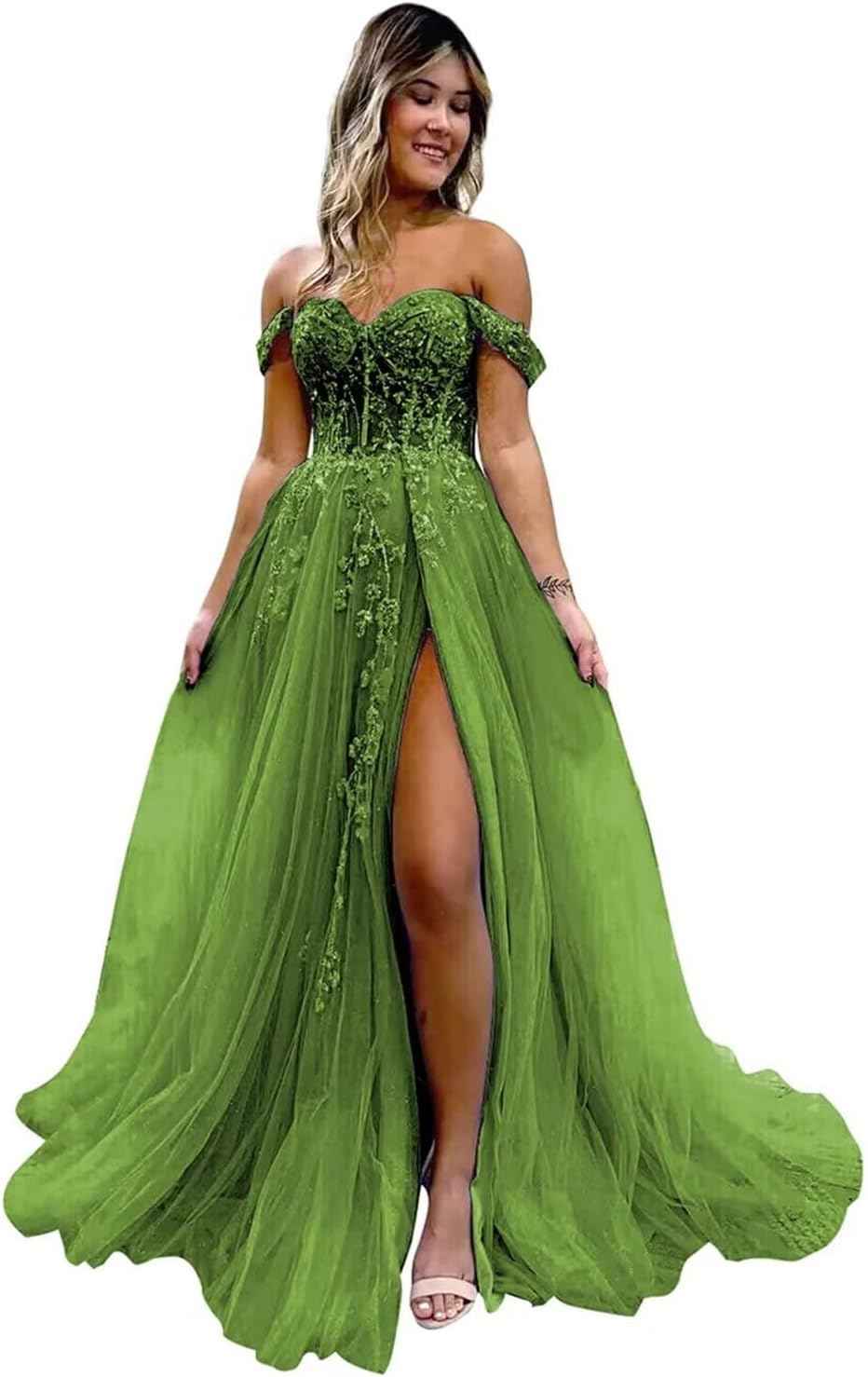 Off The Shoulder Tulle Prom Dresses with Slit Laces Applique Sweetheart Long Formal Evening Party Gowns - Bmbride