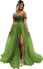 Off The Shoulder Tulle Prom Dresses with Slit Laces Applique Sweetheart Long Formal Evening Party Gowns - Bmbride