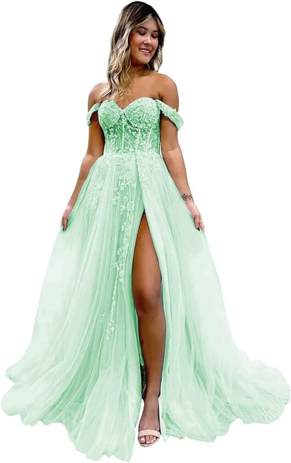 Off The Shoulder Tulle Prom Dresses with Slit Laces Applique Sweetheart Long Formal Evening Party Gowns - Bmbride
