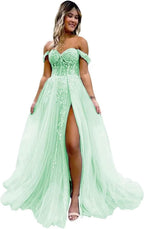 Off The Shoulder Tulle Prom Dresses with Slit Laces Applique Sweetheart Long Formal Evening Party Gowns - Bmbride