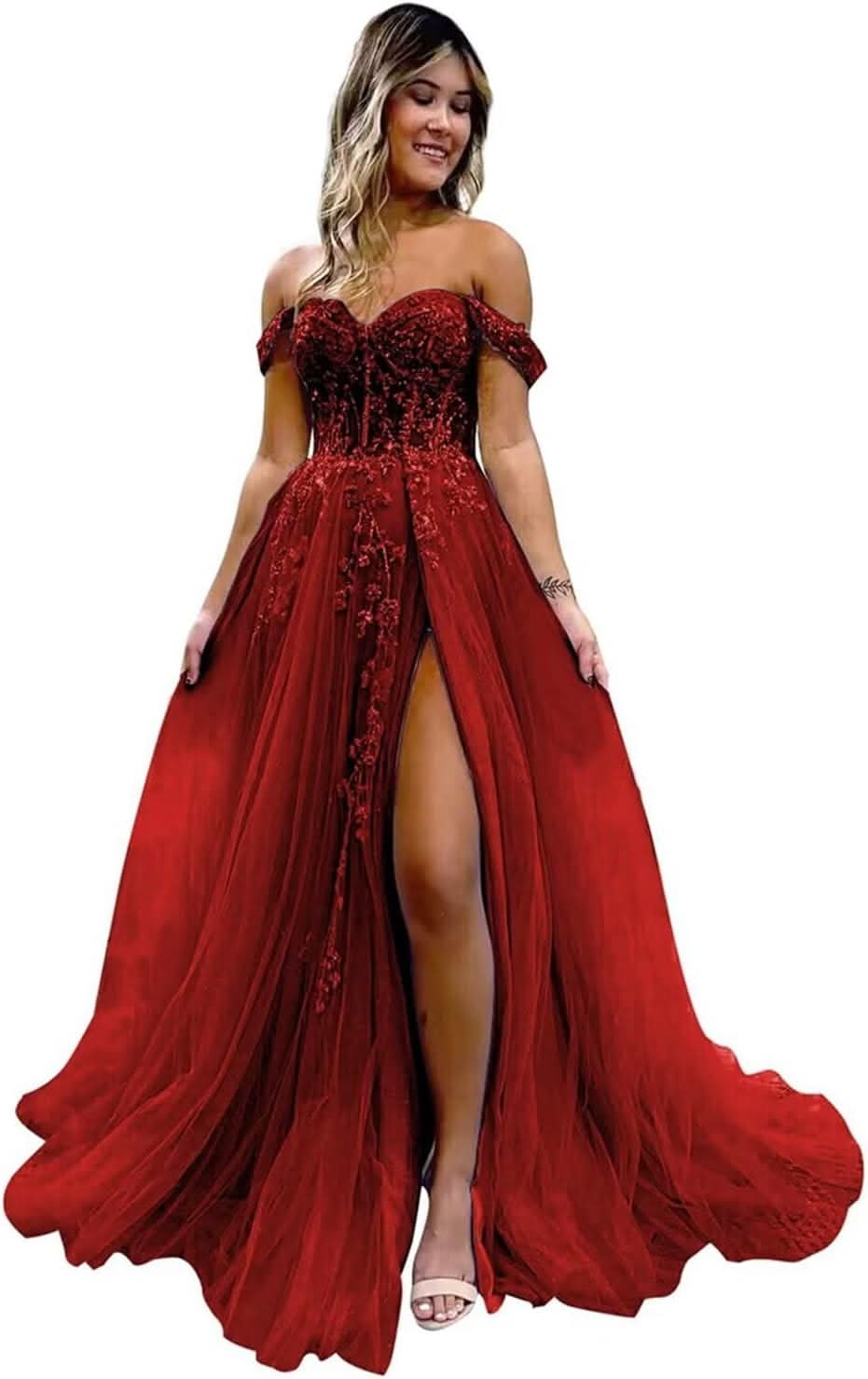 Off The Shoulder Tulle Prom Dresses with Slit Laces Applique Sweetheart Long Formal Evening Party Gowns - Bmbride