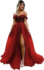 Off The Shoulder Tulle Prom Dresses with Slit Laces Applique Sweetheart Long Formal Evening Party Gowns - Bmbride