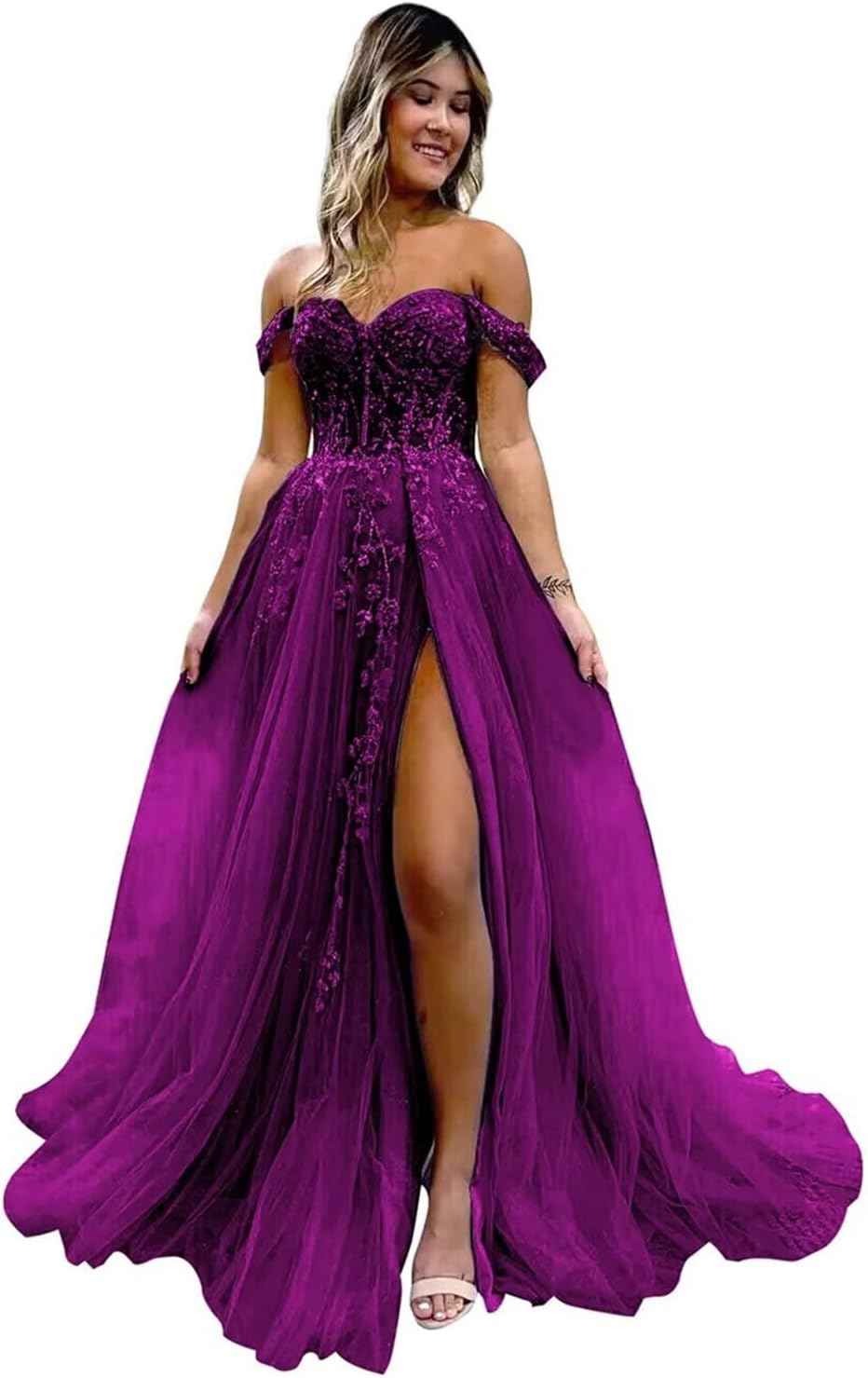 Off The Shoulder Tulle Prom Dresses with Slit Laces Applique Sweetheart Long Formal Evening Party Gowns - Bmbride