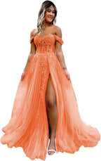 Off The Shoulder Tulle Prom Dresses with Slit Laces Applique Sweetheart Long Formal Evening Party Gowns - Bmbride