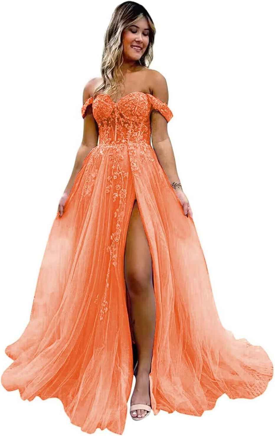 Off The Shoulder Tulle Prom Dresses with Slit Laces Applique Sweetheart Long Formal Evening Party Gowns - Bmbride