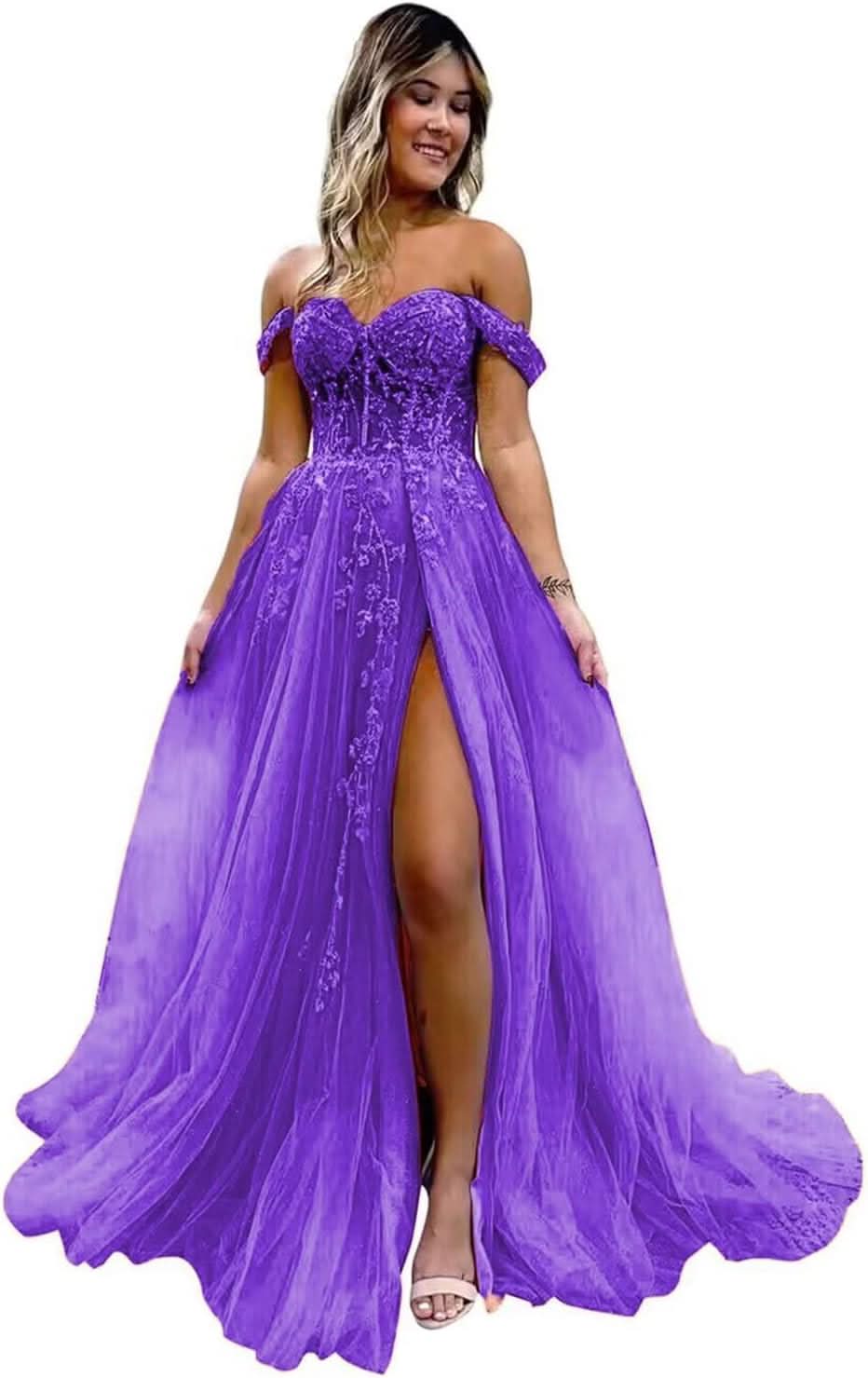 Off The Shoulder Tulle Prom Dresses with Slit Laces Applique Sweetheart Long Formal Evening Party Gowns - Bmbride