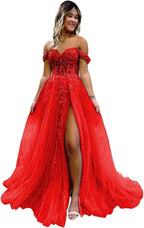 Off The Shoulder Tulle Prom Dresses with Slit Laces Applique Sweetheart Long Formal Evening Party Gowns - Bmbride
