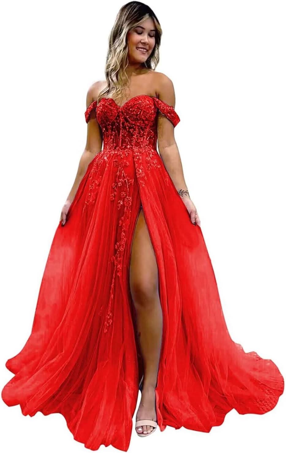 Off The Shoulder Tulle Prom Dresses with Slit Laces Applique Sweetheart Long Formal Evening Party Gowns - Bmbride