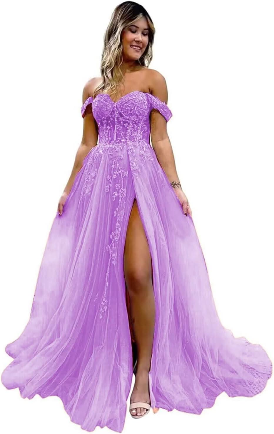 Off The Shoulder Tulle Prom Dresses with Slit Laces Applique Sweetheart Long Formal Evening Party Gowns - Bmbride