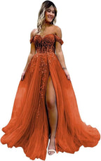 Off The Shoulder Tulle Prom Dresses with Slit Laces Applique Sweetheart Long Formal Evening Party Gowns - Bmbride