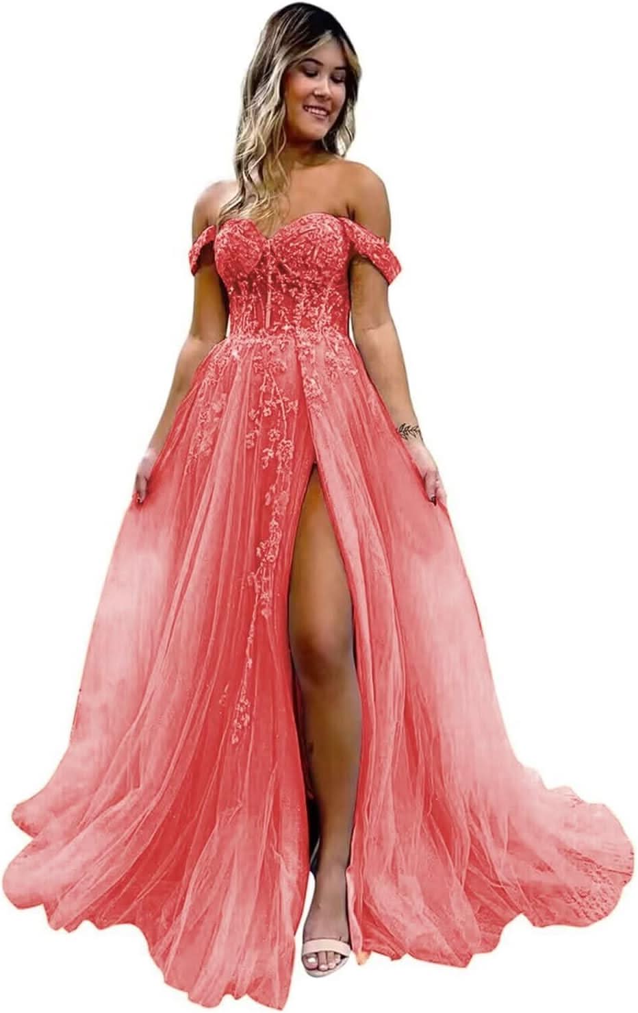 Off The Shoulder Tulle Prom Dresses with Slit Laces Applique Sweetheart Long Formal Evening Party Gowns - Bmbride