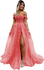 Off The Shoulder Tulle Prom Dresses with Slit Laces Applique Sweetheart Long Formal Evening Party Gowns - Bmbride