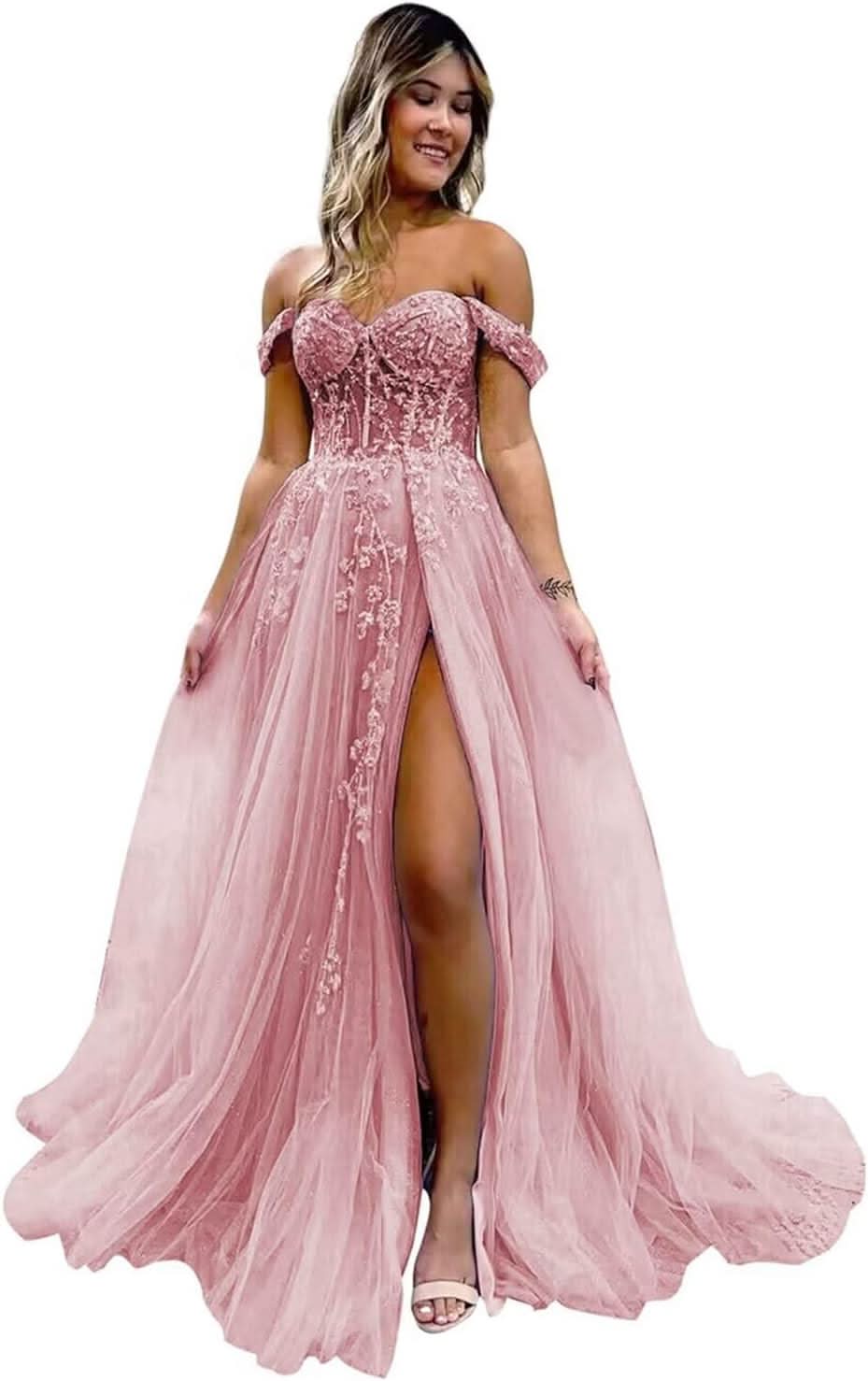 Off The Shoulder Tulle Prom Dresses with Slit Laces Applique Sweetheart Long Formal Evening Party Gowns - Bmbride