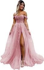 Off The Shoulder Tulle Prom Dresses with Slit Laces Applique Sweetheart Long Formal Evening Party Gowns - Bmbride