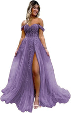 Off The Shoulder Tulle Prom Dresses with Slit Laces Applique Sweetheart Long Formal Evening Party Gowns - Bmbride