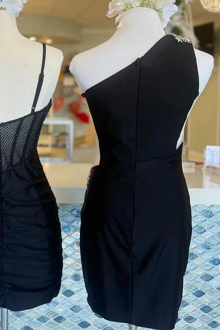 Chic One-Shoulder Pleated Satin Sheath Homecoming Dress BM bride