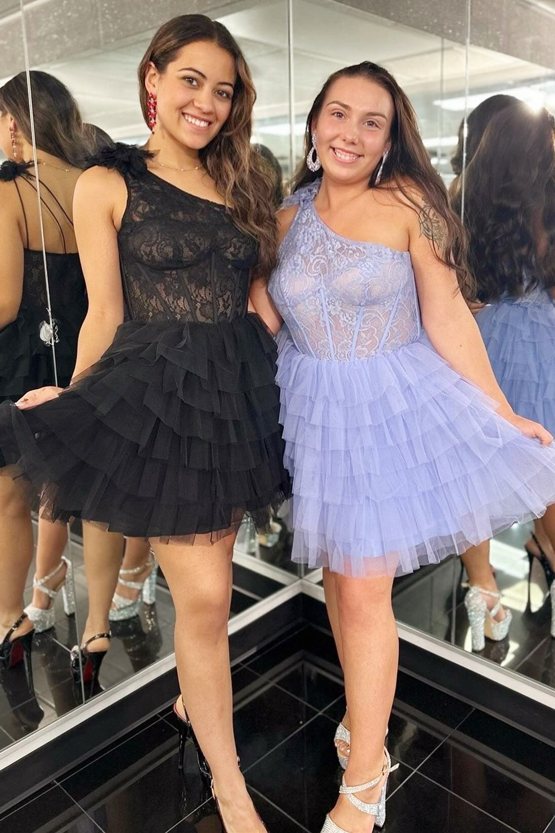 Stylish One-Shoulder Black Lace Ruffle Tiered Short Homecoming Dress BM bride